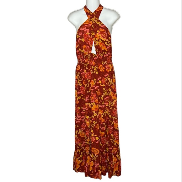 zesica Dresses & Skirts - ZESICA Crossover Halter Neck Sleeveless Cut Out Backless Orangerust Floral Maxi